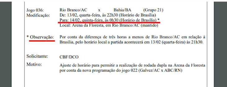 Rio Branco e Bahia jogarão dia 13 de fevereiro no Acre, mas para muitos estados o jogo será só dia 14!