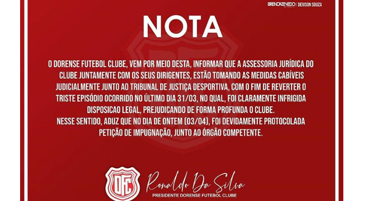  Dorense entrou com ação no TJD para anular a derrota sofrida para o Itabaiana pelo Sergipano!